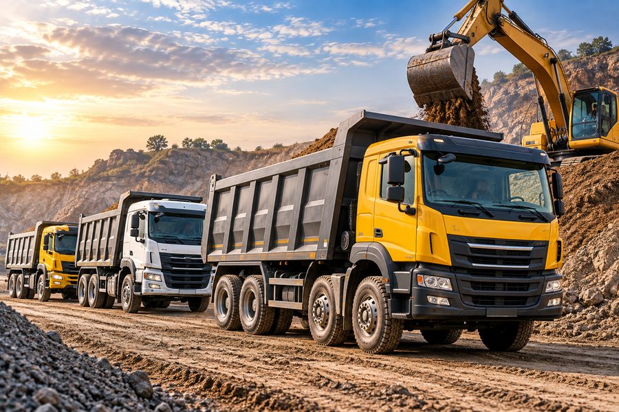 10-wheeler tipper trucks on an industrial site — Sri Annamalayar heavy vehicle rental